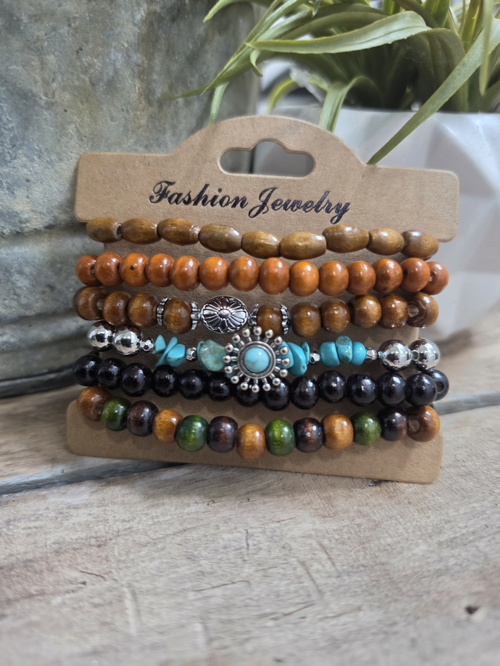 Boho Stretch Bracelet Set Wood Bead Turquoise Silver Tone Layered Stack 6 Pc